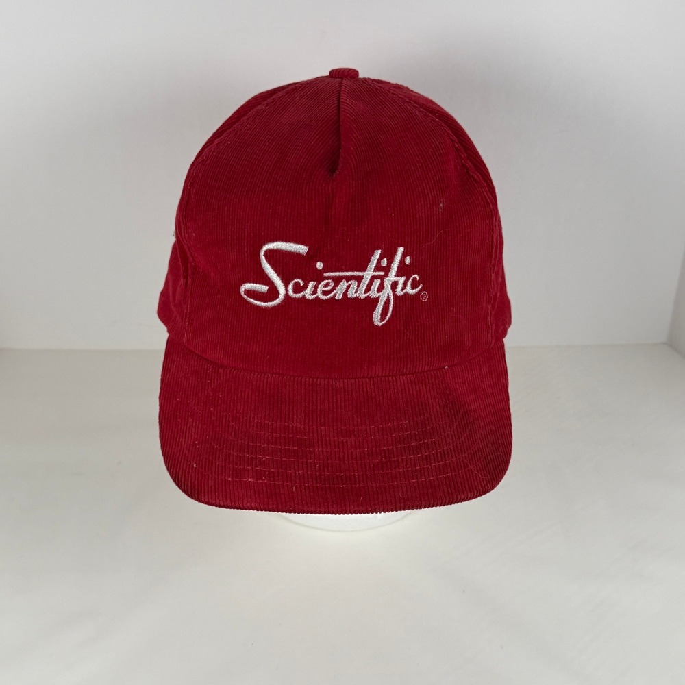 Vintage Scientific Red Corduroy Snapback Hat Made in USA Script Logo Cap Mens